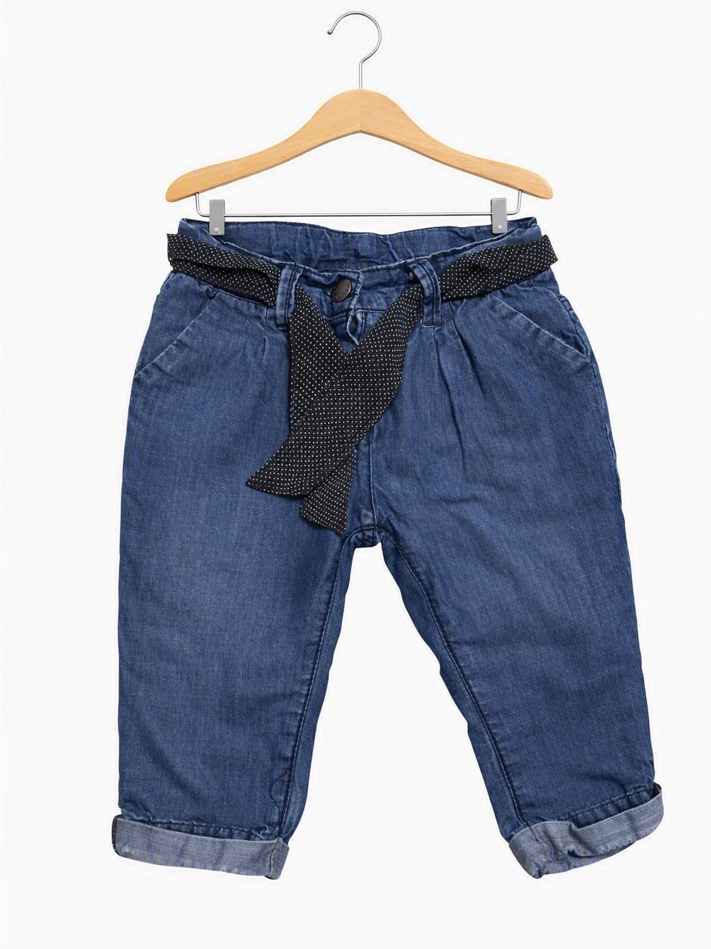 10/$15 Losan Blue Denim Paperbag Waist Pants with Polka Dot Tie Belt
